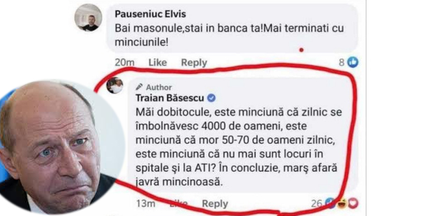 Traian Băsescu în stare avansată de entuziasm pe Facebook: "Măi dobitocule! Marş afară, javră ordinară!" Ascundeți-i sticla cu vaccin rusesc!