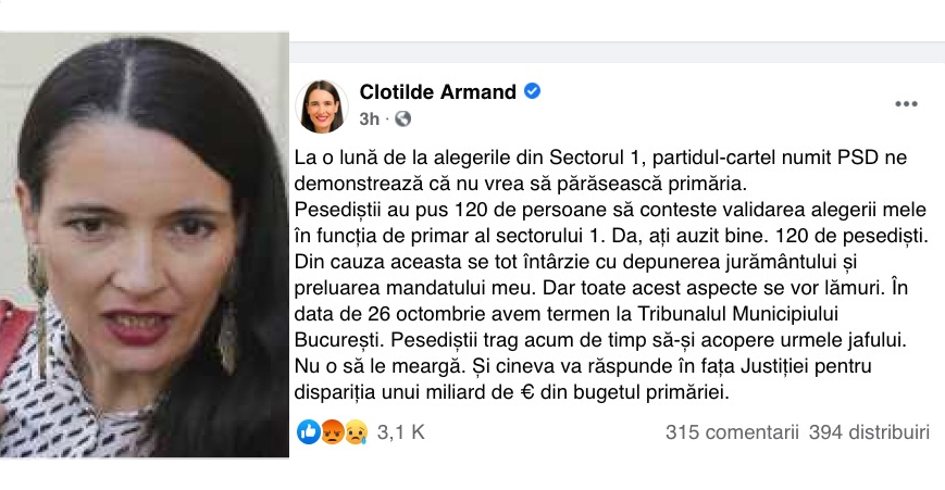 Clotilde Armand: "PSD-iștii au pus 120 de contestații împotriva alegerii mele. Vor răspunde în fața Justiției pentru dispariția unui miliard de euro!" Allons enfants la puşquerie!