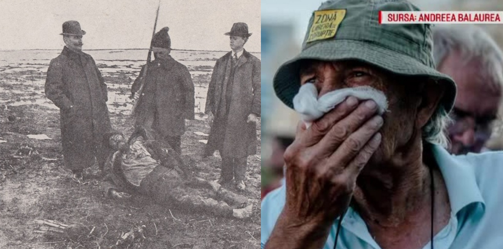 Stânga: țăran din Teleorman împușcat de jandarmi în 1907. Dreapta: bătrân din Teleorman gazat de jandarmi în 2018