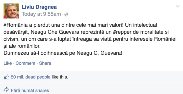 'Telectualul Dragnea revine: "A decedat istoricul Neagu Che Guevara!"