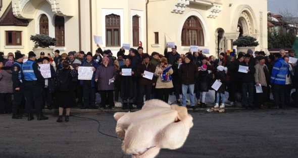 S-a spart mitingul lui Pleșoianu: o mână criminală a aruncat un pui congelat în fața manifestanților!
