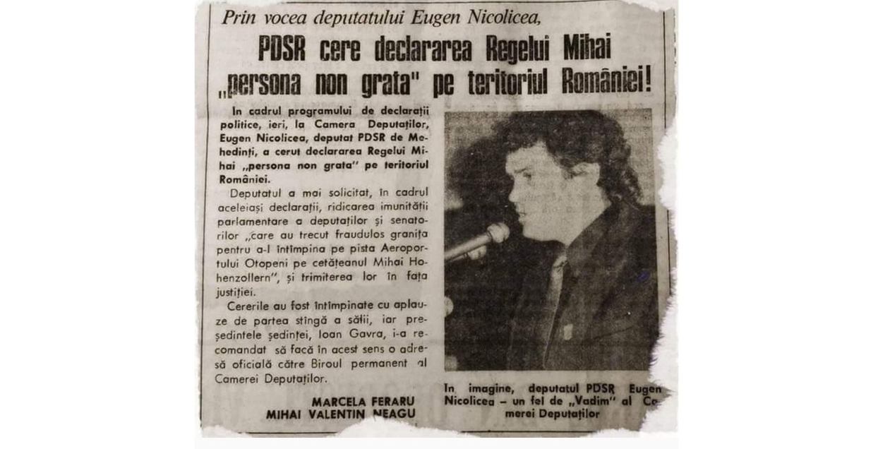 Eugen NicoLichea în 1994 cerând declararea Regelui Mihai "persona non grata"
