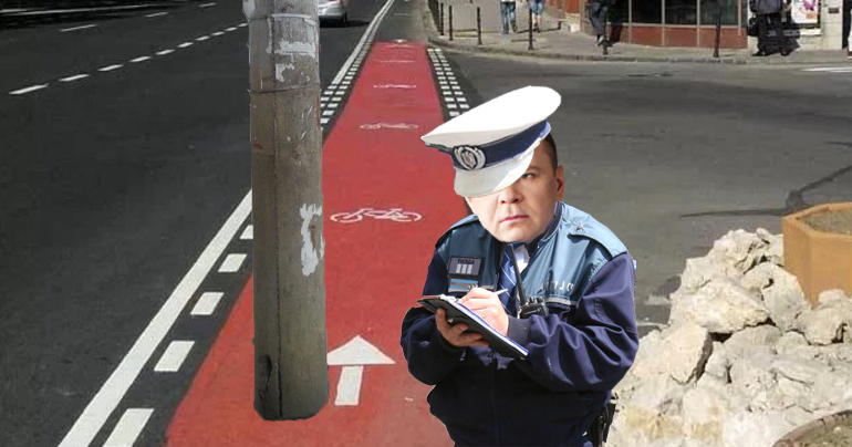 Poliția a amendat un stâlp fiindcă staționa pe pista pentru biciclete!