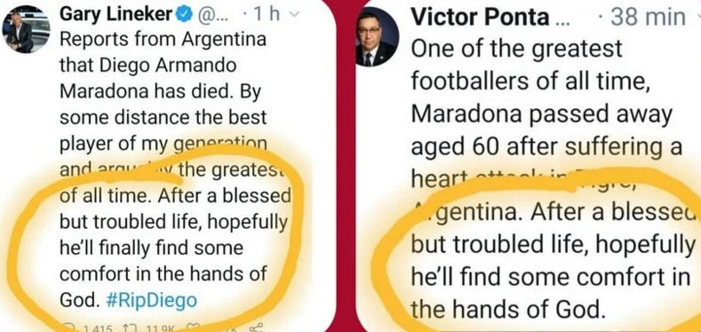 Puie Monta a plagiat de la Gary Lineker mesajul de adio pentru Maradona! Bine că nu a fost original şi nu a băgat-o pe aia cu "Sper că Băsescu e mulțumit acum!"