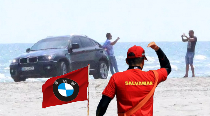 Mamaia: Salvamarii au arborat steagul BMW - "Pericol să te calce mașina pe plajă!"