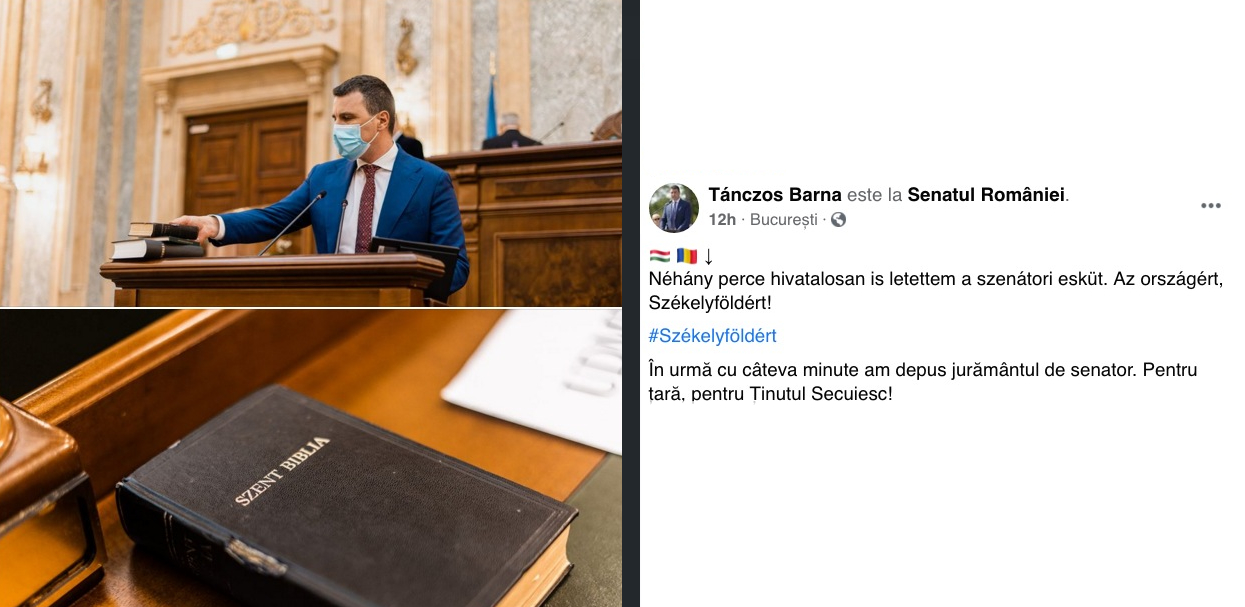 Senatorul UDMR Tanczos Barna a depus în Parlamentul României jurământul pentru Ținutul Secuiesc. Salariul şi pensia specială sunt plătite Ținutul Românesc